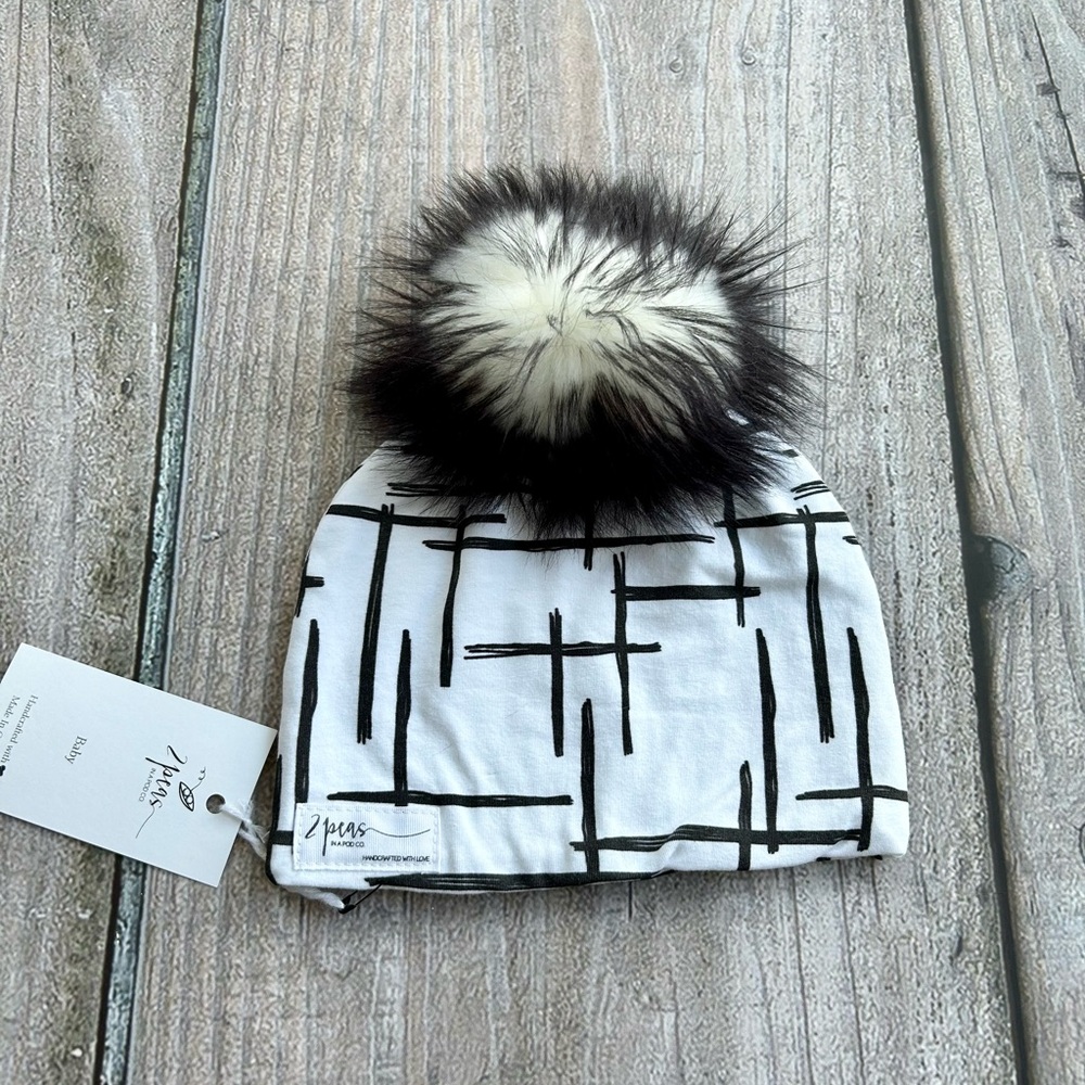 Small 🇨🇦 Shop Handcrafted Baby 0-12mth Size Pom Pom Hat Beanie, Monochrome Lines